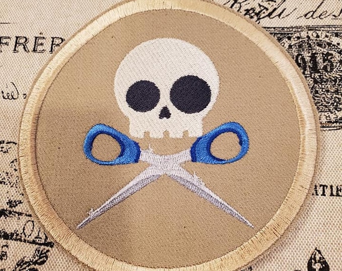 Skully Seamstress Patch: Embroidered Skull & Scissors Applique