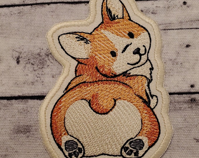 Rearview Corgi Patch: Embroidered Applique, Iron On / Sew On