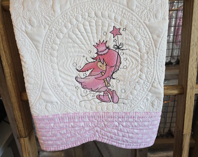 Embroidered Baby Pink Princess Quilt: Personalized Birth Announcement Blanket