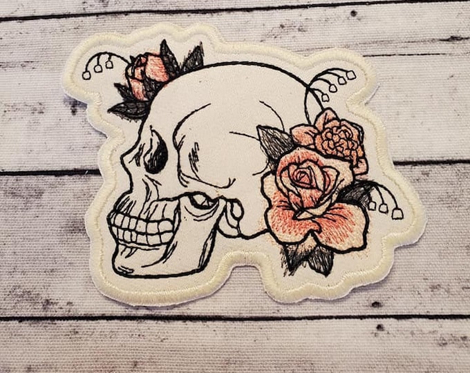 Dire Blooms Embroidered Patch Set: Skull & Flowers, Iron On/Sew On, Made In USA