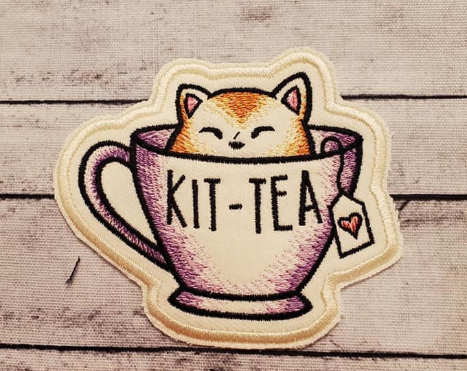 Kitty in Teacup Iron-On Patch: Embroidered Applique, Collectible