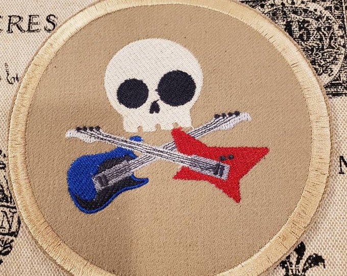 Skully Rock Embroidered Patch: Skull & Guitars, Iron On/Sew On