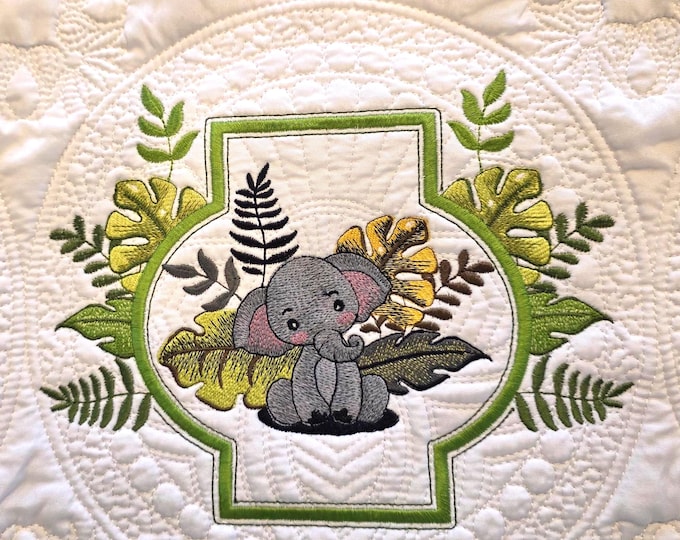 Embroidered Baby Jungle Elephant Quilt: Personalized Birth Announcement Blanket
