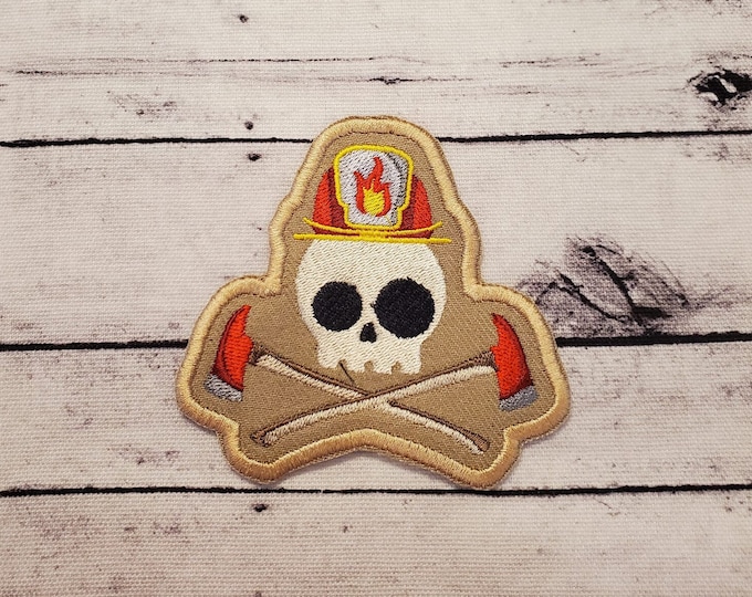 Skully Firefighter Patch, Embroidered Iron On Applique, Made In USA