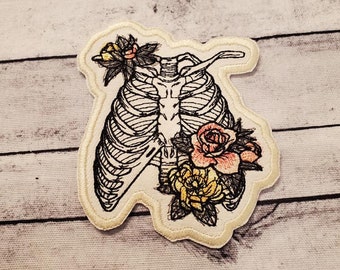 Floral Rib Cage Patch: Embroidered Iron-On Applique, Made in USA