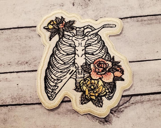 Floral Rib Cage Patch: Embroidered Iron-On Applique, Made in USA