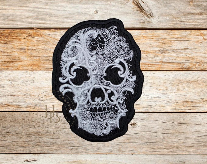 Ghost Baroque Skull Patch: Embroidered Iron On Applique, Made In USA
