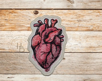 Painted Anatomical Heart Patch: Embroidered Iron-On Applique
