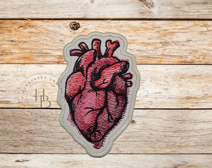 Painted Anatomical Heart Patch: Embroidered Iron-On Applique