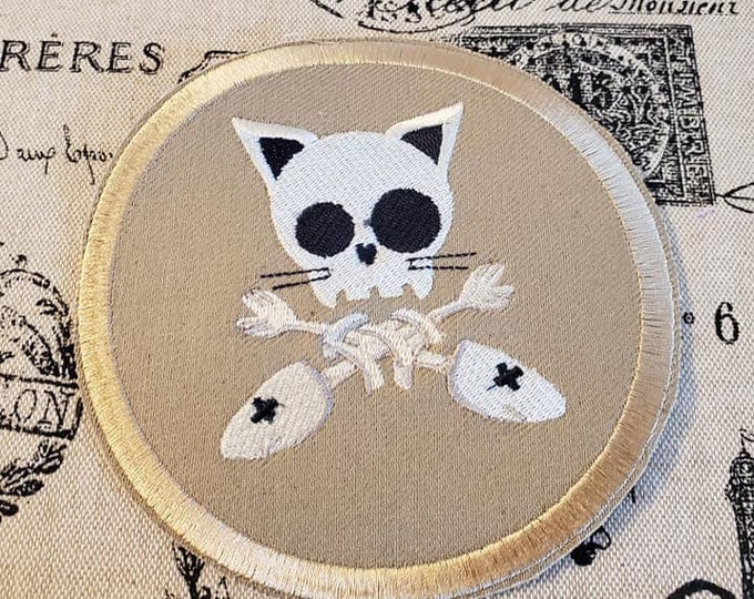 Skully Kitty Patch: Embroidered Iron On Applique - Made In USA
