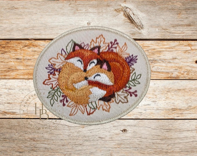 Autumn Cozy Foxes,  Embroidered Patch: Iron On/Sew On Applique