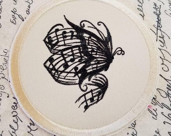 Musical Butterfly Embroidered Patch - Iron On Applique - Handmade USA