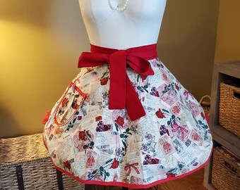Vintage, Print Valentines Half  Apron, Handmade, Made In USA, Housewarming, Gift, Kitchen Decor, Baking, Hostess, Chef