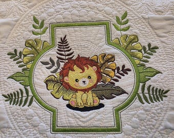 Embroidered Baby Lion Jungle Quilt: Personalized Birth Announcement Blanket