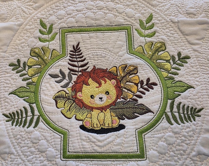 Embroidered Baby Lion Jungle Quilt: Personalized Birth Announcement Blanket