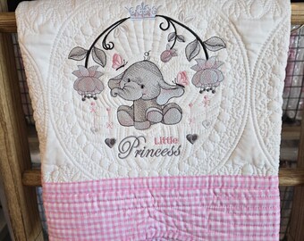 Embroidered Baby Elephant Princess Quilt: Personalized Birth Announcement Blanket