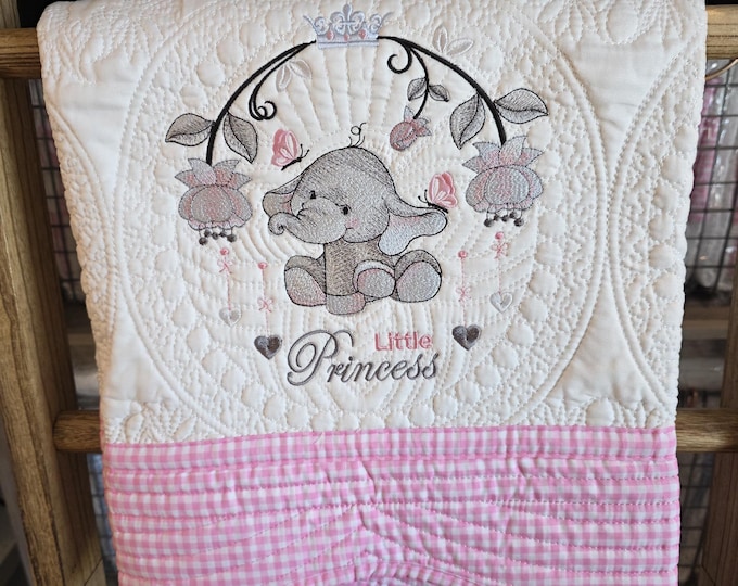 Embroidered Baby Elephant Princess Quilt: Personalized Birth Announcement Blanket