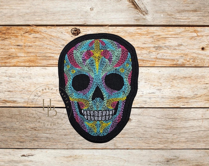 Illuminated Skull Patch: Embroidered Iron On Applique, Made In USA