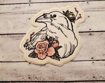 Dire Blooms Raven Embroidered Patch, Floral Goth Applique