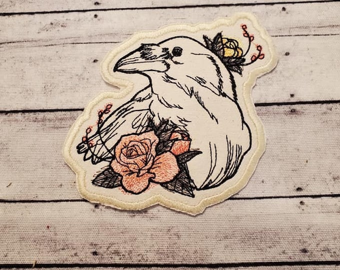 Dire Blooms Raven Embroidered Patch, Floral Goth Applique