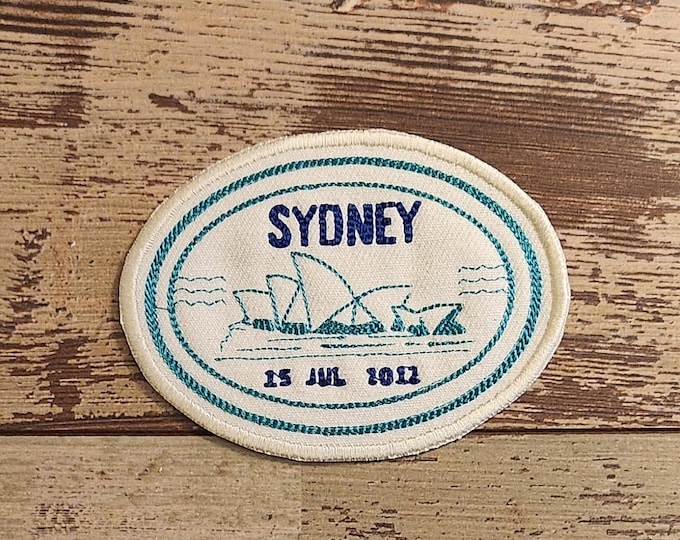 Passport Stamp Sydney, Iron on Patch, Sew On Patch, Embroidery, Patch, Applique, Collectable, Made In USA, Handmade, Australia, Sydney Patch