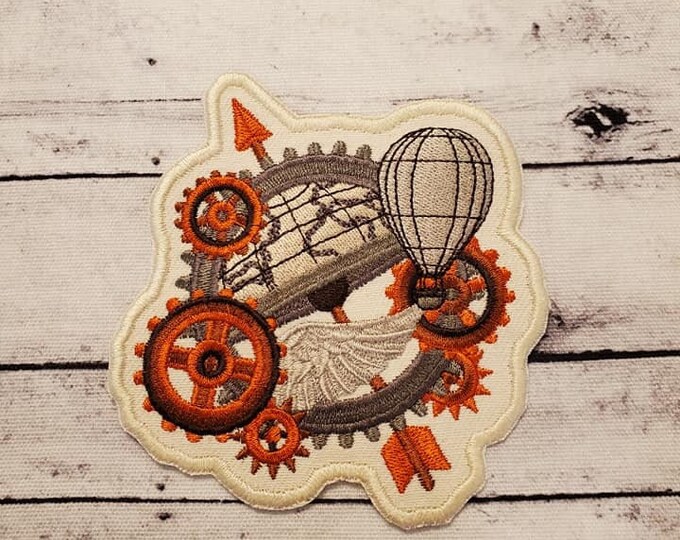 Steampunk Globe Embroidered Patch, Iron On Applique, Handmade USA