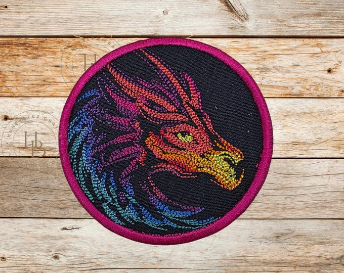 Rainbow Dragon Iron-On Patch: Embroidered Applique, USA Made