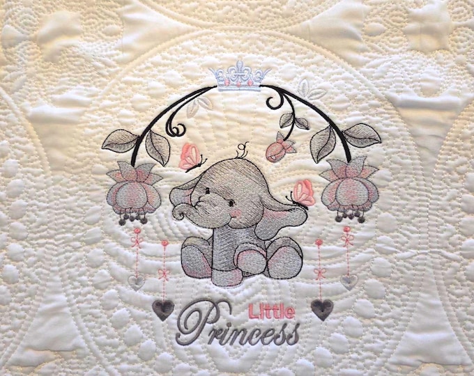 Embroidered Baby Elephant Princess Quilt: Personalized Birth Announcement Blanket