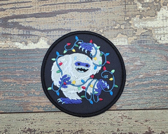 Tangled Up Yeti Christmas Lights Patch - Embroidered Iron On Applique