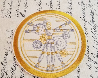 Steampunk Vitruvian Man Embroidered Patch, Iron On Applique