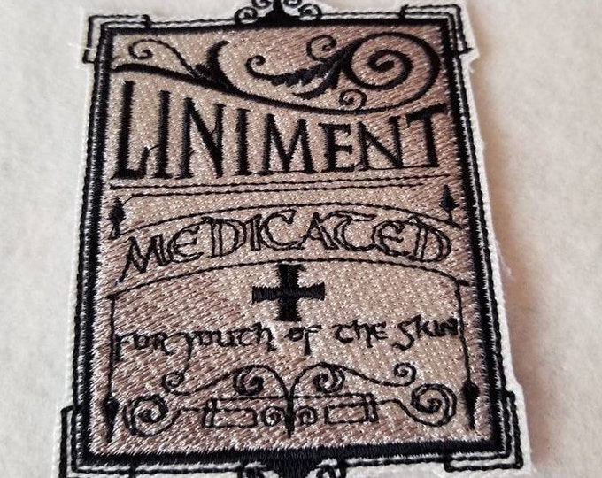 Liniment Label Patch: Embroidered Apothecary Applique, Iron On/Sew On