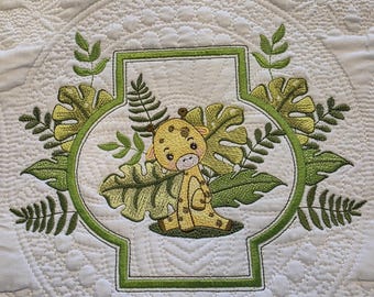 Embroidered Baby Giraffe Jungle Quilt: Personalized Birth Announcement Blanket