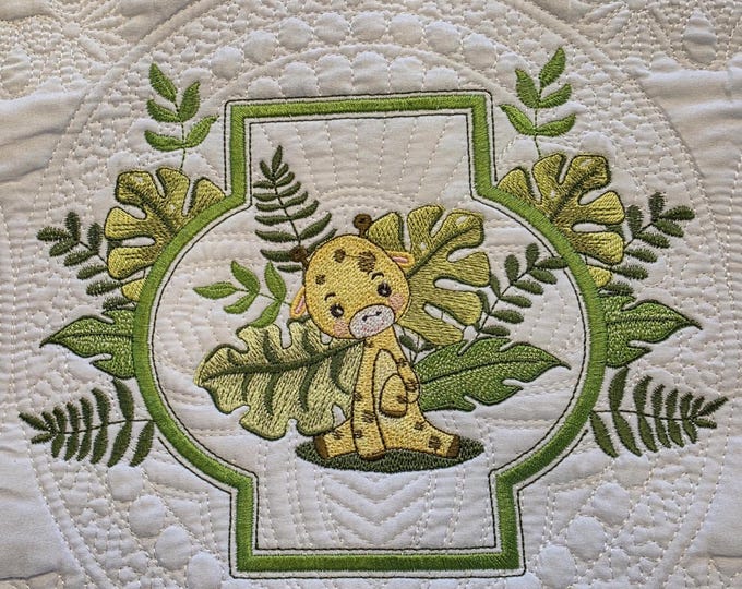 Embroidered Baby Giraffe Jungle Quilt: Personalized Birth Announcement Blanket