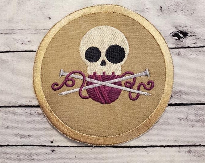 Skully Knitting Patch: Embroidered Iron On Applique