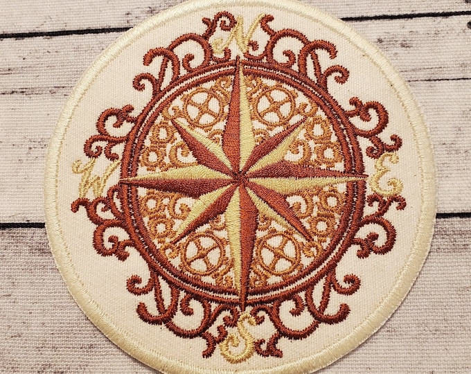 Steampunk Compass Iron-On Patch: Embroidered Applique, Made in USA