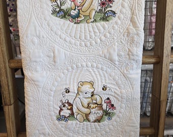 Vintage Pooh Bear & Friends Embroidered Baby Scripture Quilt: Personalized Birth Announcement Blanket