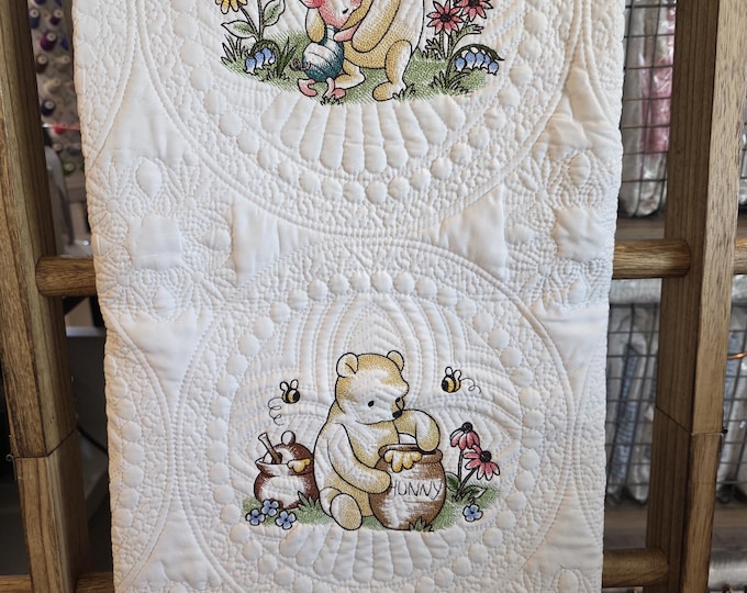 Vintage Pooh Bear & Friends Embroidered Baby Scripture Quilt: Personalized Birth Announcement Blanket