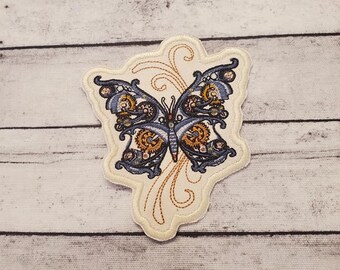 Steampunk Butterfly Iron On Patch: Handmade Embroidered Applique