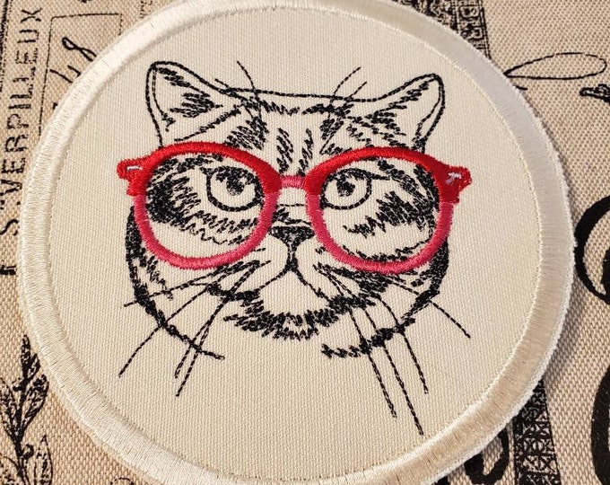 Kitty Specs Patch: Embroidered Cat with Glasses, Iron On/Sew On, USA Made