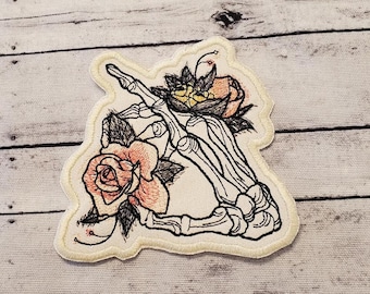 Dire Blooms Skeleton Hand Patch: Embroidered Applique (4.5" x 4.5")