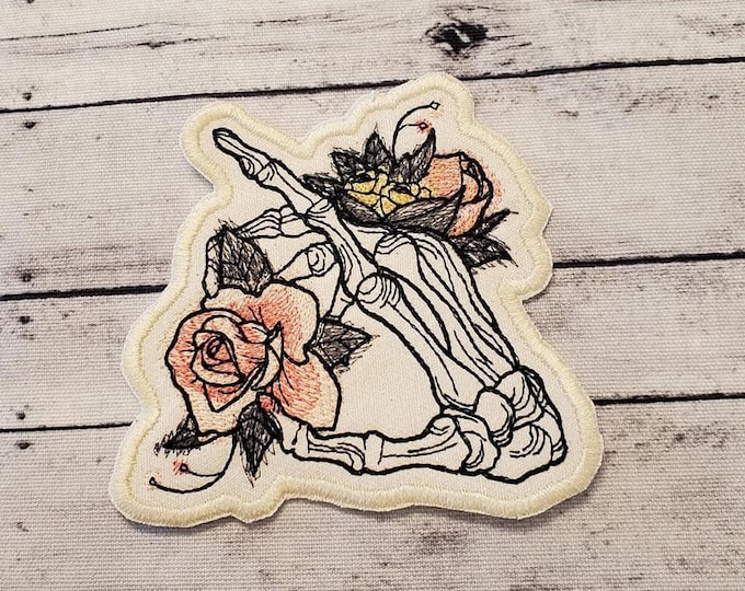 Dire Blooms Skeleton Hand Patch: Embroidered Applique (4.5" x 4.5")