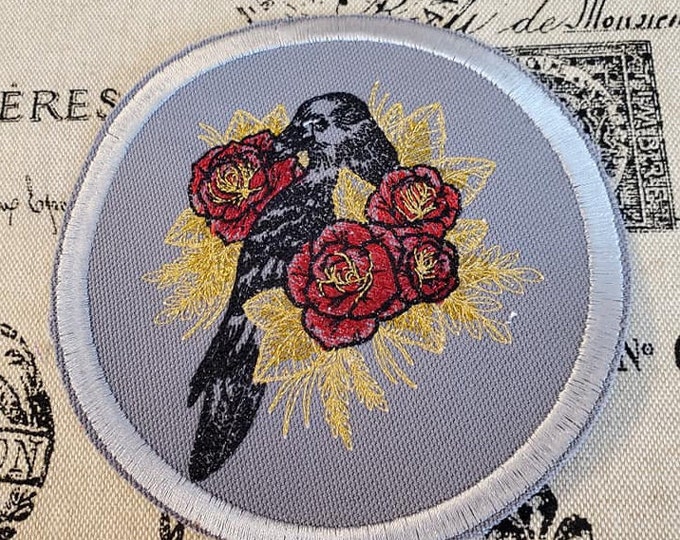 Raven & Roses Embroidered Patch - Iron On / Sew On - Made In USA