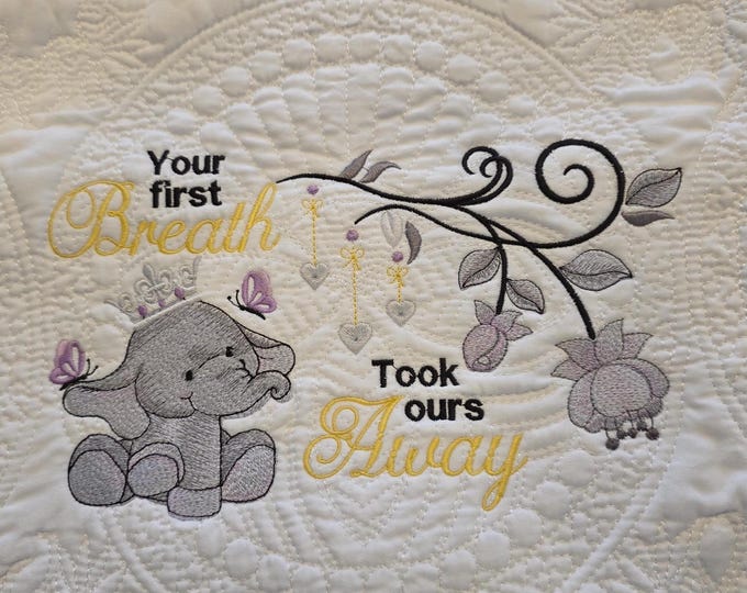 Embroidered Baby Elephant Your First Breath Quilt: Personalized Birth Announcement Blanket