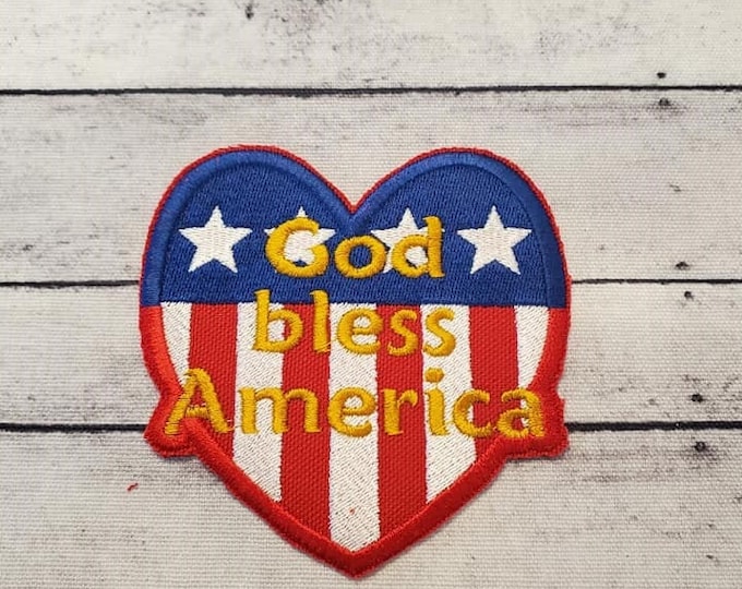 God Bless America Patch: Heart USA Flag, Embroidered Applique