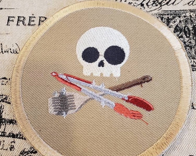 Skully Grill Embroidered Patch: Skull & BBQ Tools Applique