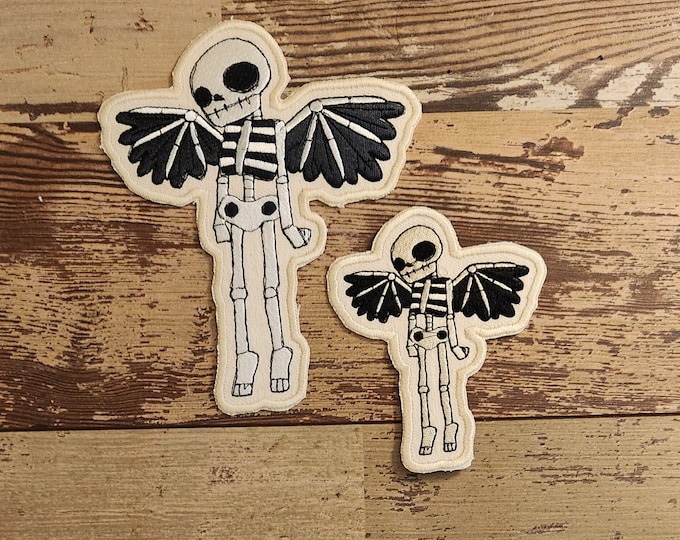 Winged Skeleton Patch, Iron on Patch, Sew On Patch, Embroidery, Patch, Applique, Collectable, Made In USA, Handmade