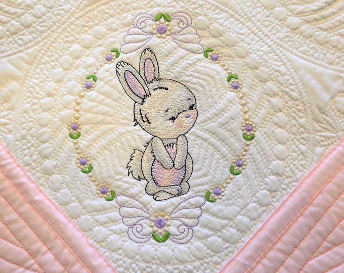 Embroidered Baby Bunny Wreath Quilt: Personalized Birth Announcement Blanket