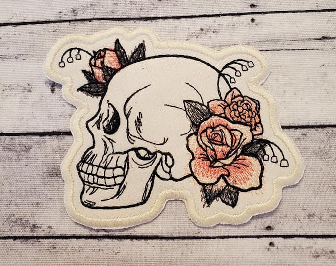 Dire Blooms Skull Patch: Embroidered Iron On Applique, Made In USA
