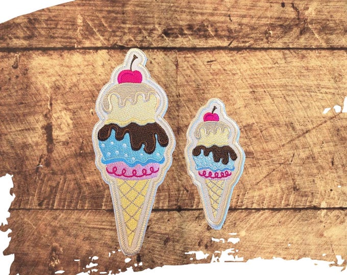 Double Scoop Ice Cream Cone Patch: Embroidered Applique, Made In USA