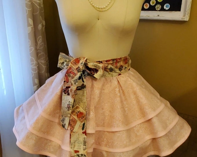 Retro Pink Tiered Apron, Handmade, Made In USA, Housewarming, Gift, Kitchen Decor, Baking, Hostess, Chef